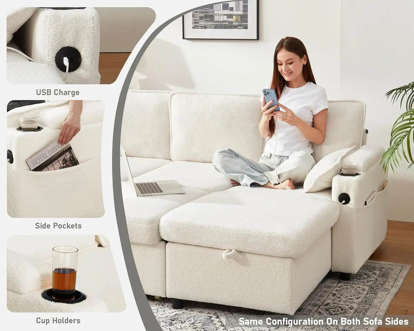 Sofa Bed Sleeper Pull Out 2 in 1 Sectional Sleeper Sofa Couches with Storage,USB, Cup Holder,Pullout Sectional Couches - MarvelouStoree