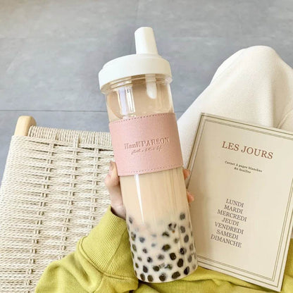 850ML Cute Pearl Milk Tea Straw Plastic Water Bottle with Cup Cover Women Large Capacity Juice Boba Milk Cup Drop-proof - MarvelouStoree