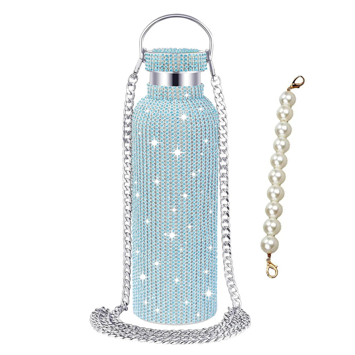 500/750/1000ml Diamond Thermos Bottle With 2pcs Chain Portable Rhinestone Water Bottle Double Wall Stainless Steel Thermal Flask