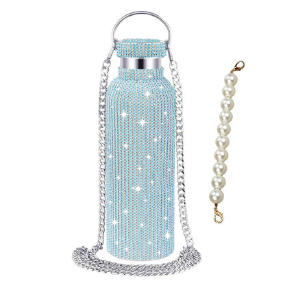 500/750/1000ml Diamond Thermos Bottle With 2pcs Chain Portable Rhinestone Water Bottle Double Wall Stainless Steel Thermal Flask