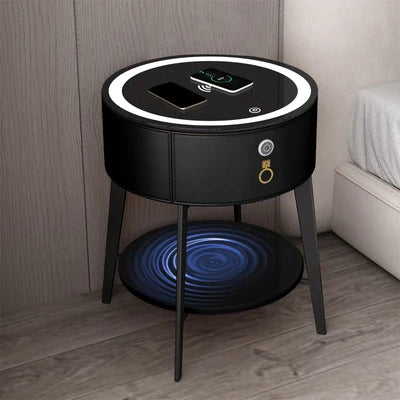 Round Tiny Table Bedside Table Voice-activated Smart Multifunction Lock Wireless Coffee Charging Nightstands Bedroom Cabinets