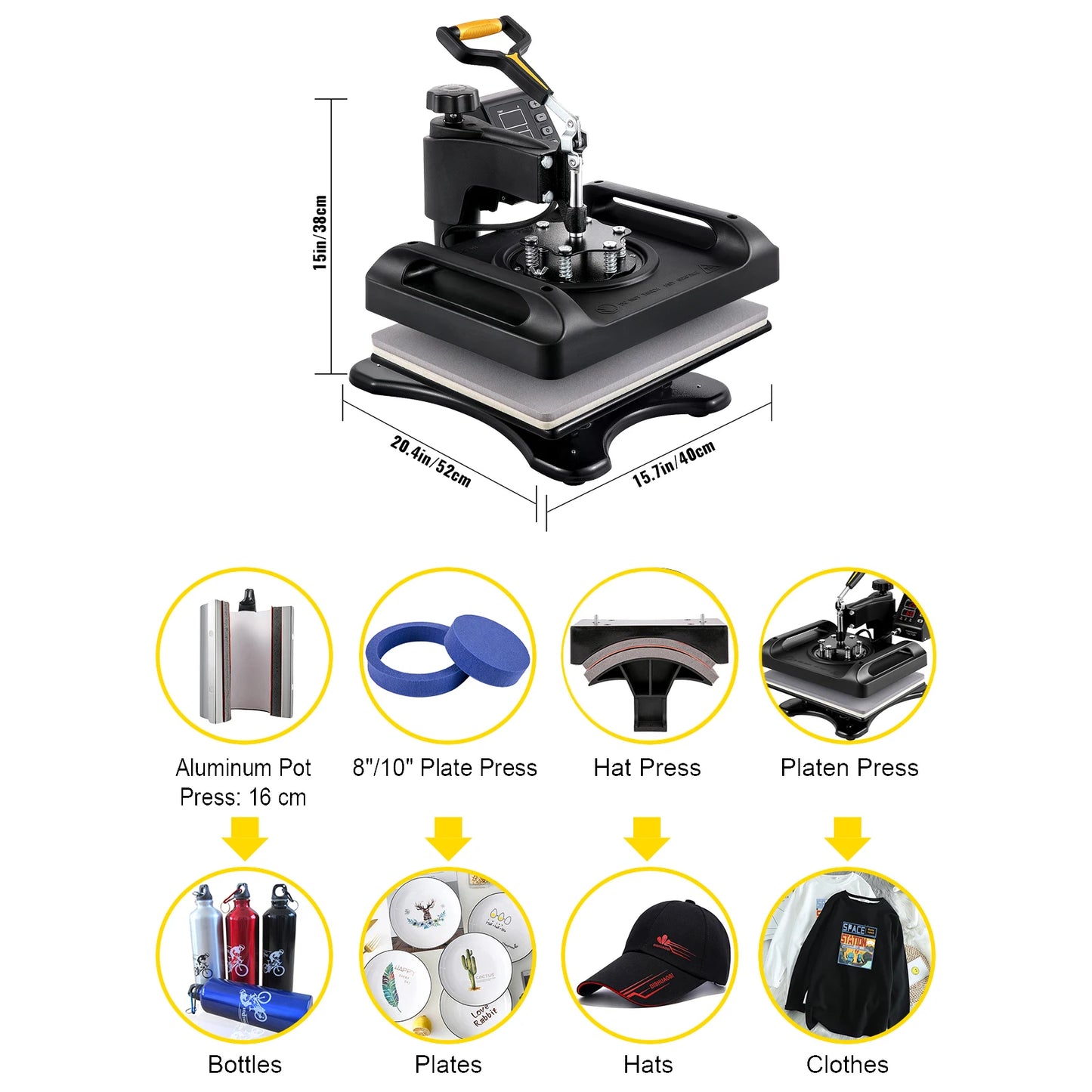 VEVOR 5/8in1 15x15"/12x15" Dual-tube Heating Insulation Cotton Heat Press Sublimation Machine 360° Swing Design for T-shirts Etc