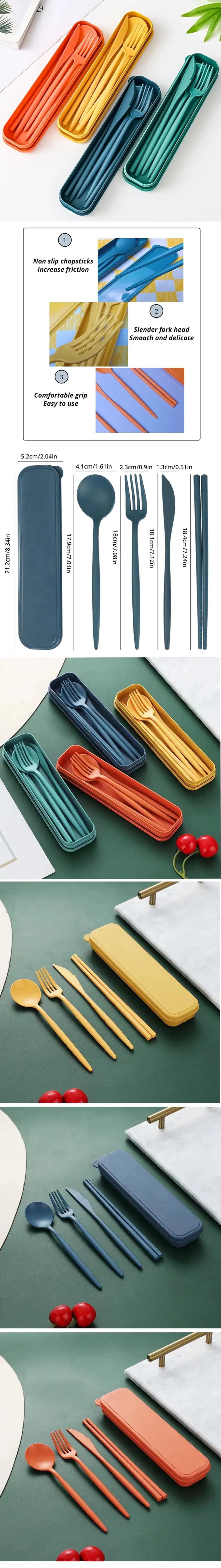 4-piece Portable Utensils, Healthy Eco-Friendly Wheat Straw Cutlery, Reusable Chopstick Fork Knife Spoon Set