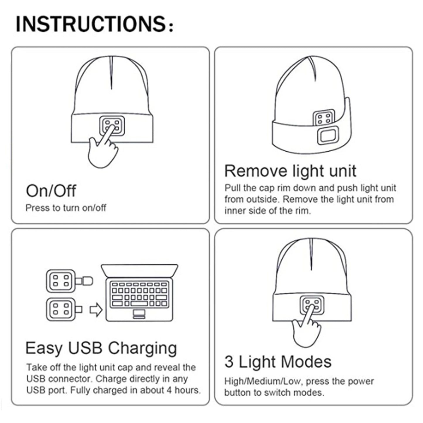 LED Beanie Hat with Light,USB Rechargeable Hands Free 4 LED Knitted Headlamp Cap