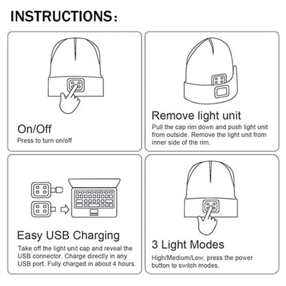 LED Beanie Hat with Light,USB Rechargeable Hands Free 4 LED Knitted Headlamp Cap