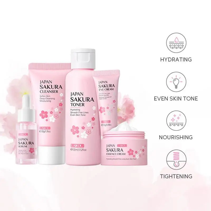 Sakura Facial Cleaner Korean Face Serum Anti Acne Peeling Gel Moisturize Fade Dark Circles Eye Cream Skin Care Set women gift