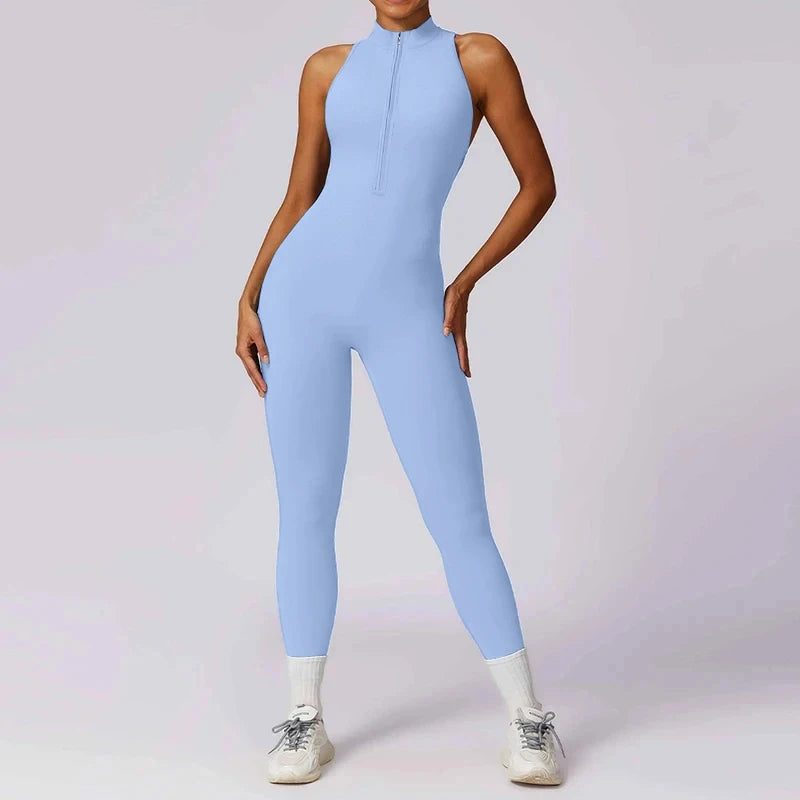 Backless Jumpsuits Zipper Sports Bodysuits Women Yoga Sets Sportswear Fitness Overalls One Piece Suit Workout Playsuit Female