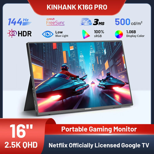 KINHANK 16-inch Smart Portable Monitor With 2.5K HD 144Hz HDR10 Android 12.0 OS Supports 7000+ Apps Projectable Gaming Monitor