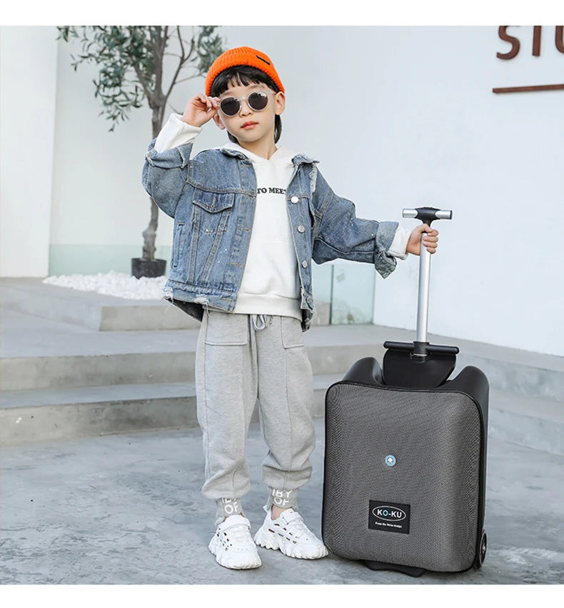 New design lazy baby sit on scooter luggage kids carry on travel suitcase bag boarding skateboard creative trolley case