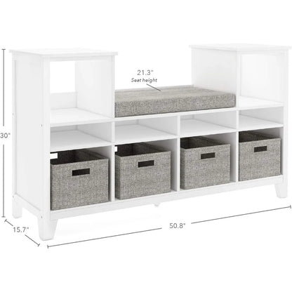 Kids' Reading Nook - Creamy White: Wooden Storage Bench Bookshelf Organizer with Seat Cushion, and Fabric Bins for Toys, Books