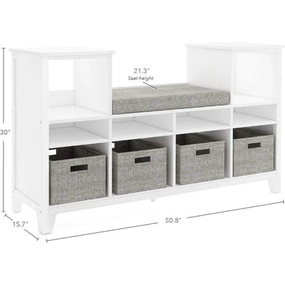 Kids' Reading Nook - Creamy White: Wooden Storage Bench Bookshelf Organizer with Seat Cushion, and Fabric Bins for Toys, Books - MarvelouStoree