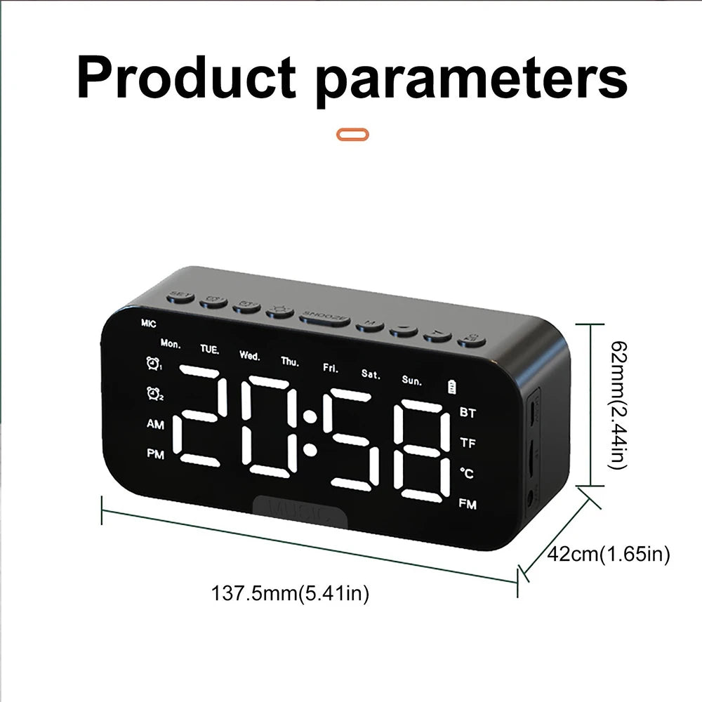 Wireless Bluetooth Speaker with FM Radio Mini Portable Mirror Dual Alarm Clocks LED Music Player Desktop Alarm Clock Speaker