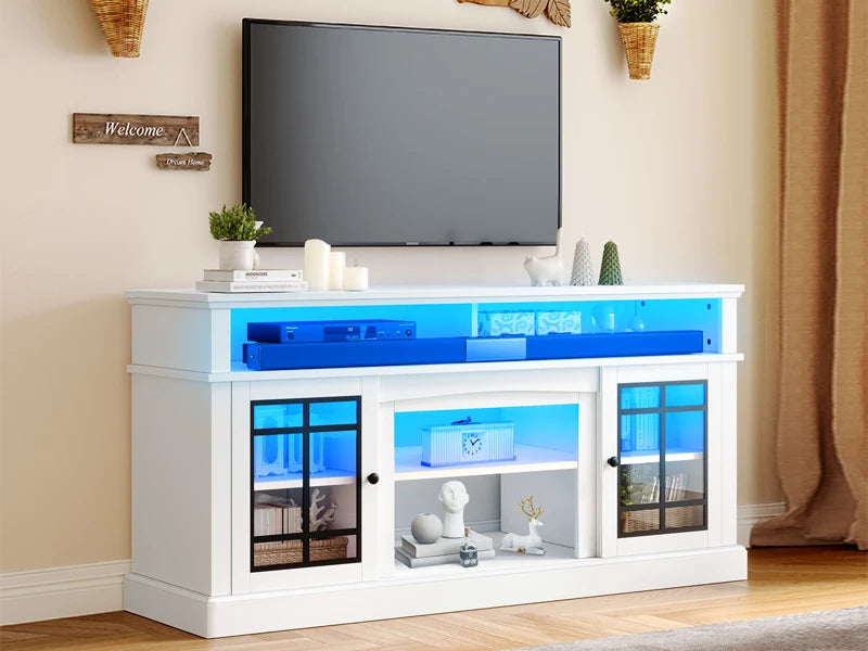 TV Stand for 75/65 Inch TVs with Adjustable Shelves and Glass Doors, Modern Entertainment Center TV Media Console Table