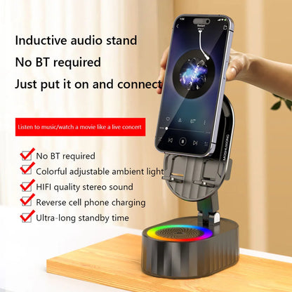 Phone Charger Speaker 360 Degree Rotating Bluetooth-Compatible Speaker Multi-Function Induction Phone Bracket for Desk Bedroom