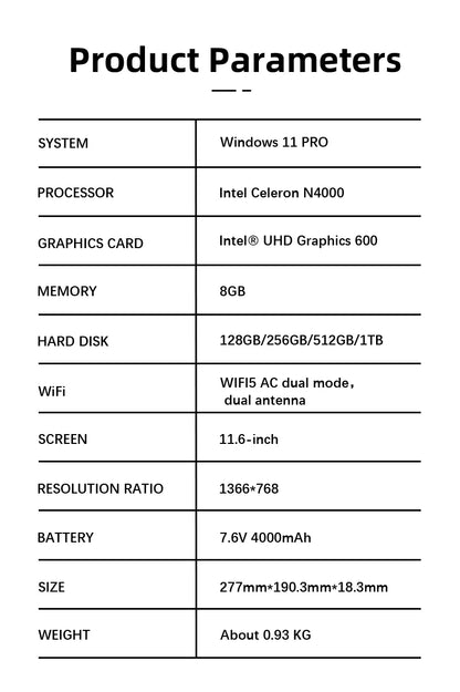 Justthink Cheap 11.6 Inch Intel Celeron N4000 Pocket Laptop 8GB RAM 128GB 256GB SSD Child Study Portable Ultraslim Mini Laptops