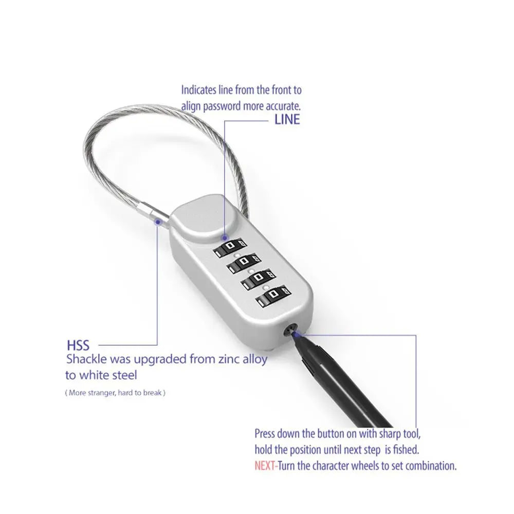 Zinc alloy 4 Digit Password Lock Portable Anti-theft Wire Rope Dormitory Cabinet Lock Padlock Luggage Combination Lock Home