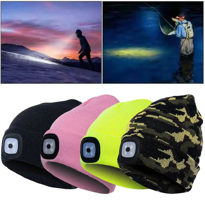 Led Light Knitted Hat Warm Elastic Beanie,Outdoor Sports Night Hiking Fishing Camping Glow Knitted Bonnet Unisex Headlight