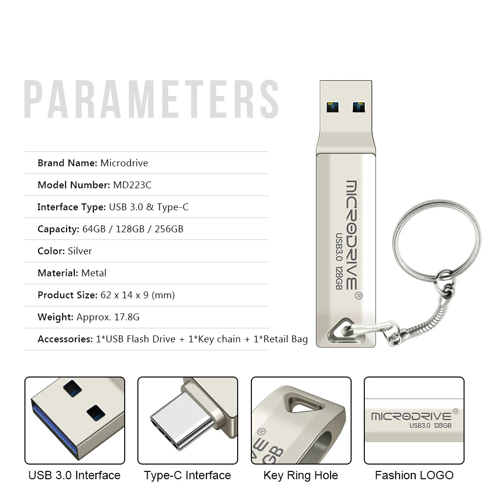 2 in 1 Usb 3.0 OTG USB-C Flash Pen Drive Metal Memory Stick flash Disk 64GB 128GB 256G USB3.0 Dual C Pendrive