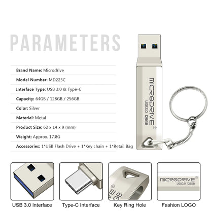 2 in 1 Usb 3.0 OTG USB-C Flash Pen Drive Metal Memory Stick flash Disk 64GB 128GB 256G USB3.0 Dual C Pendrive