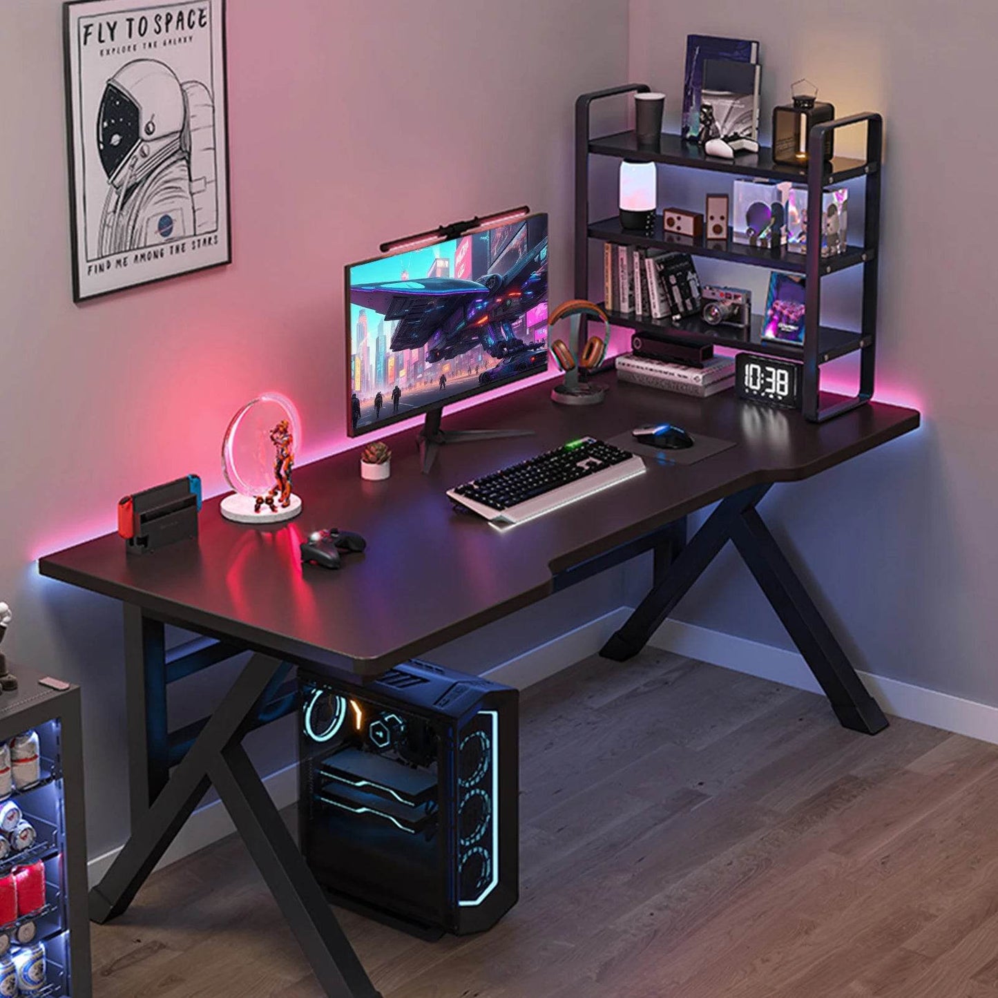 Gaming Desk, Ergonomic Computer Game Table with X-shaped Steel Legs, Sturdy PC Workstation Desk for Home Office with Cable Holes - MarvelouStoree