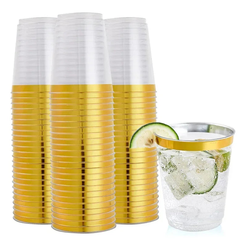 50/100pcs 10 Oz Gold Plastic Cup with Gold Border Disposable Cup Party Disposable Thicken Plastic Cup Birthday Wedding Supplies