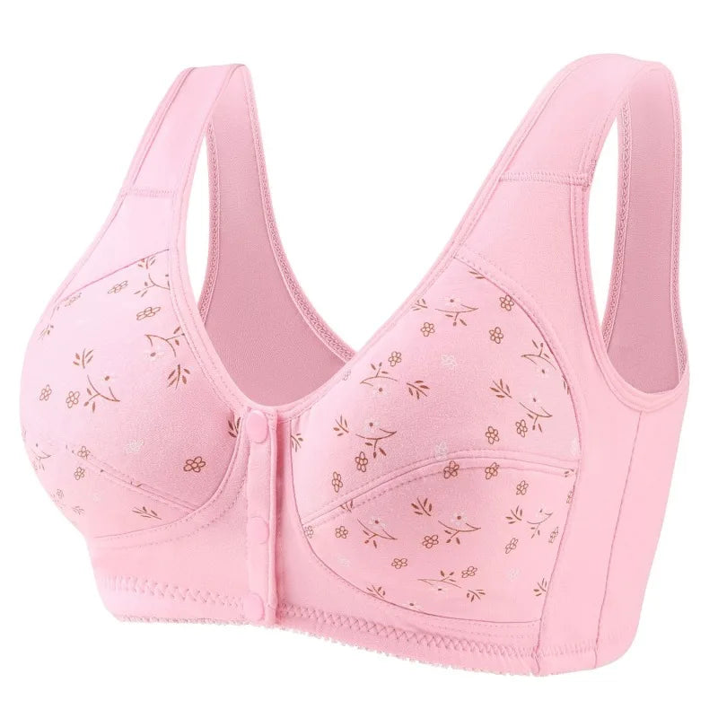 Women's Full Cotton Bras Front Closure Bra Printed Front Soft Cotton Middle-aged And Elderly Bras Plus Size Button Underwear