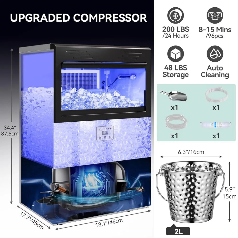 2 Way Water Inlet Commercial Ice Maker Machine 100LBS/24H, 33LBS Storage Bin with Stainless Steel Ice Scoop Ice Bucket