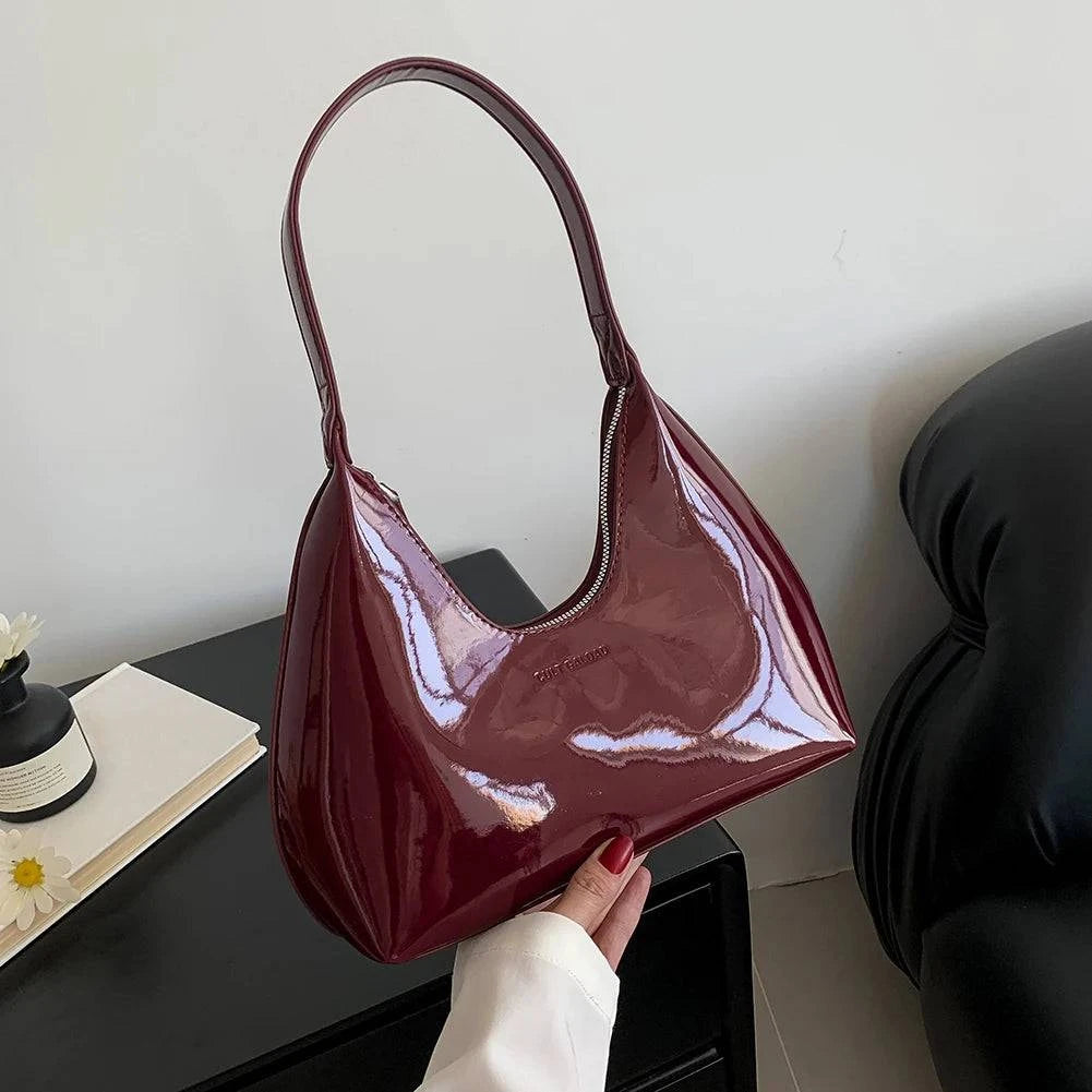 Designer Retro Wine Red Shoulder Bags for Women's Patent Leather Fashion Crescent Bag 2024 New French Small Handbag Ladies Totes