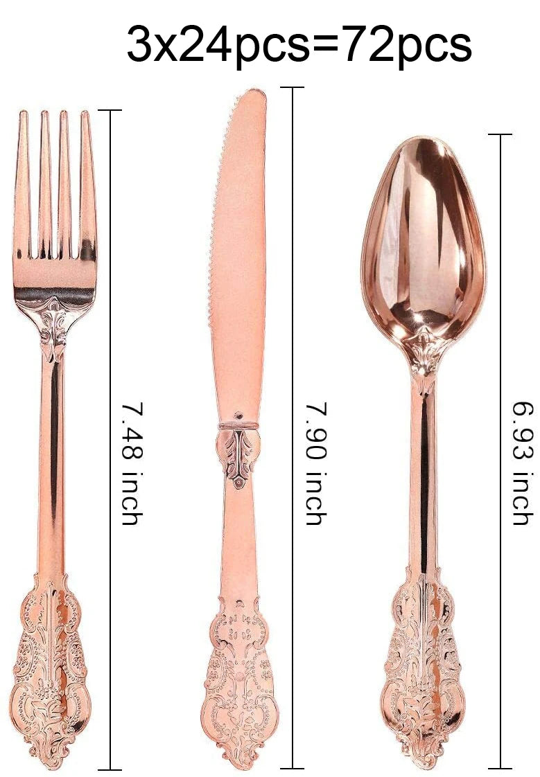 75 Piece Gold Disposable Cutlery Set - Disposable Plastic Rose gold Flatware - Includes 25 Forks, 25 Spoons, 25 Knives