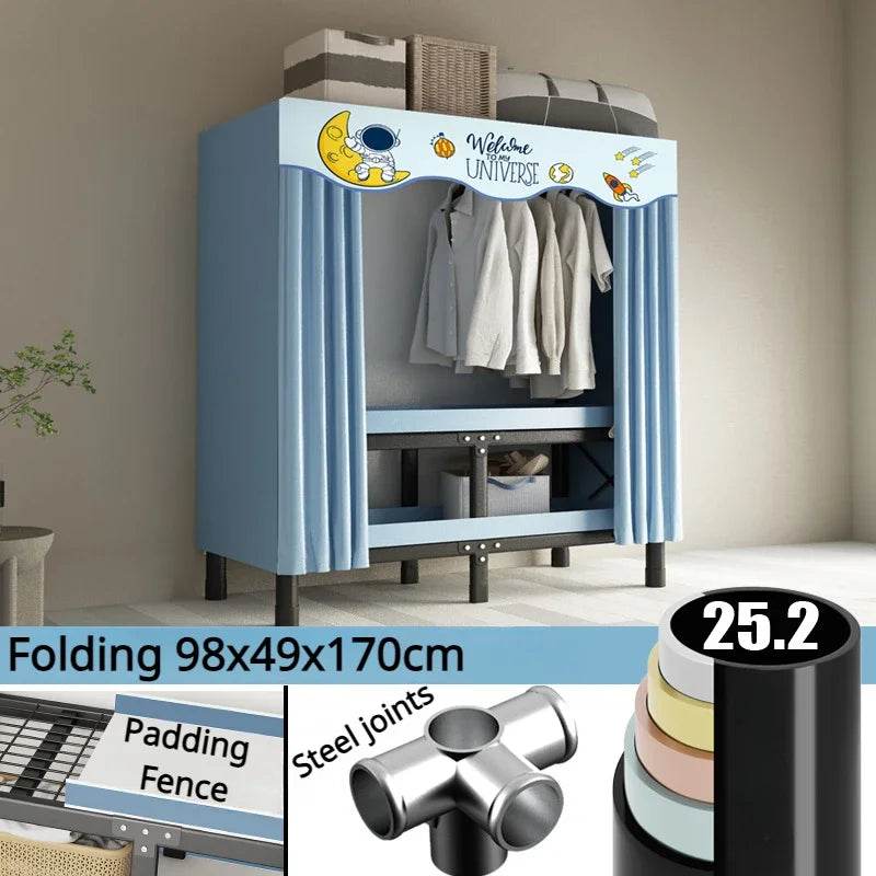 Cloth Wardrobe Foldable Steel Frame Simple Durable RentalRoom Storage Closet Locker Bedroom Furniture Installation-Free Wardrobe - MarvelouStoree