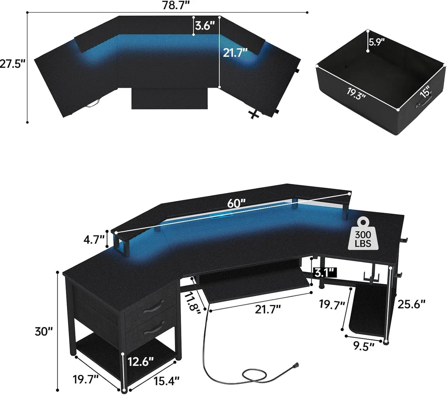 79" Gaming Desk, Computer Desk with 2 Fabric Drawers & LED Light, L Shaped Gaming Desk with Storage Shelf for Home Office