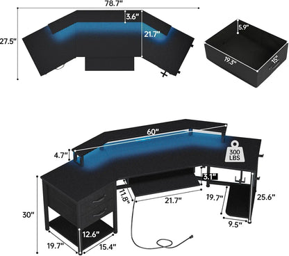 79" Gaming Desk, Computer Desk with 2 Fabric Drawers & LED Light, L Shaped Gaming Desk with Storage Shelf for Home Office