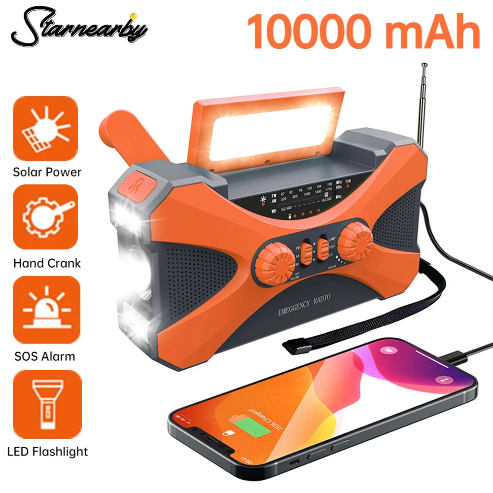 Emergency Flashlight Torch 10000mAh Power Bank Rechargeable Radio Hand Crank Solar USB AM/FM/NOAA Weather Radios Home Outdoors