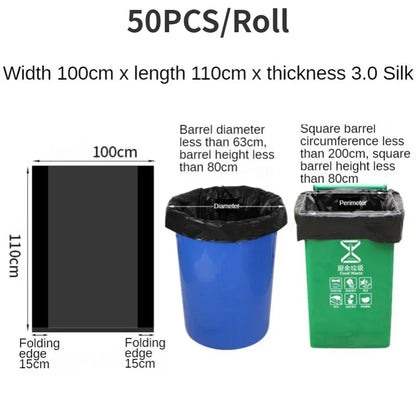 50PCS/1Roll Large Garbage Bags 50L/100L Black Hotel Property Super Large Plastic Bag Flat Mouth Thickening Trash Bags