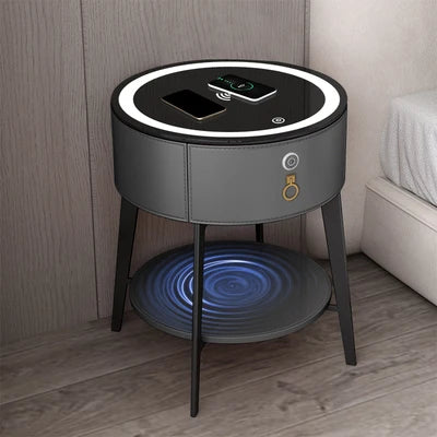 Round Tiny Table Bedside Table Voice-activated Smart Multifunction Lock Wireless Coffee Charging Nightstands Bedroom Cabinets