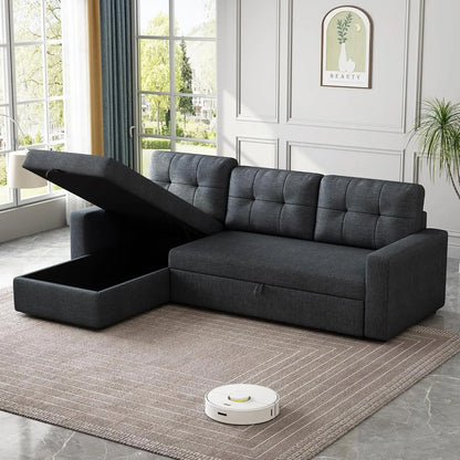 81.5" Sectional Sleeper Sofa with Storage Chaise, L Shaped Pull Out Couch Bed with 3 Removable Back Cushion for Living Room,Apar