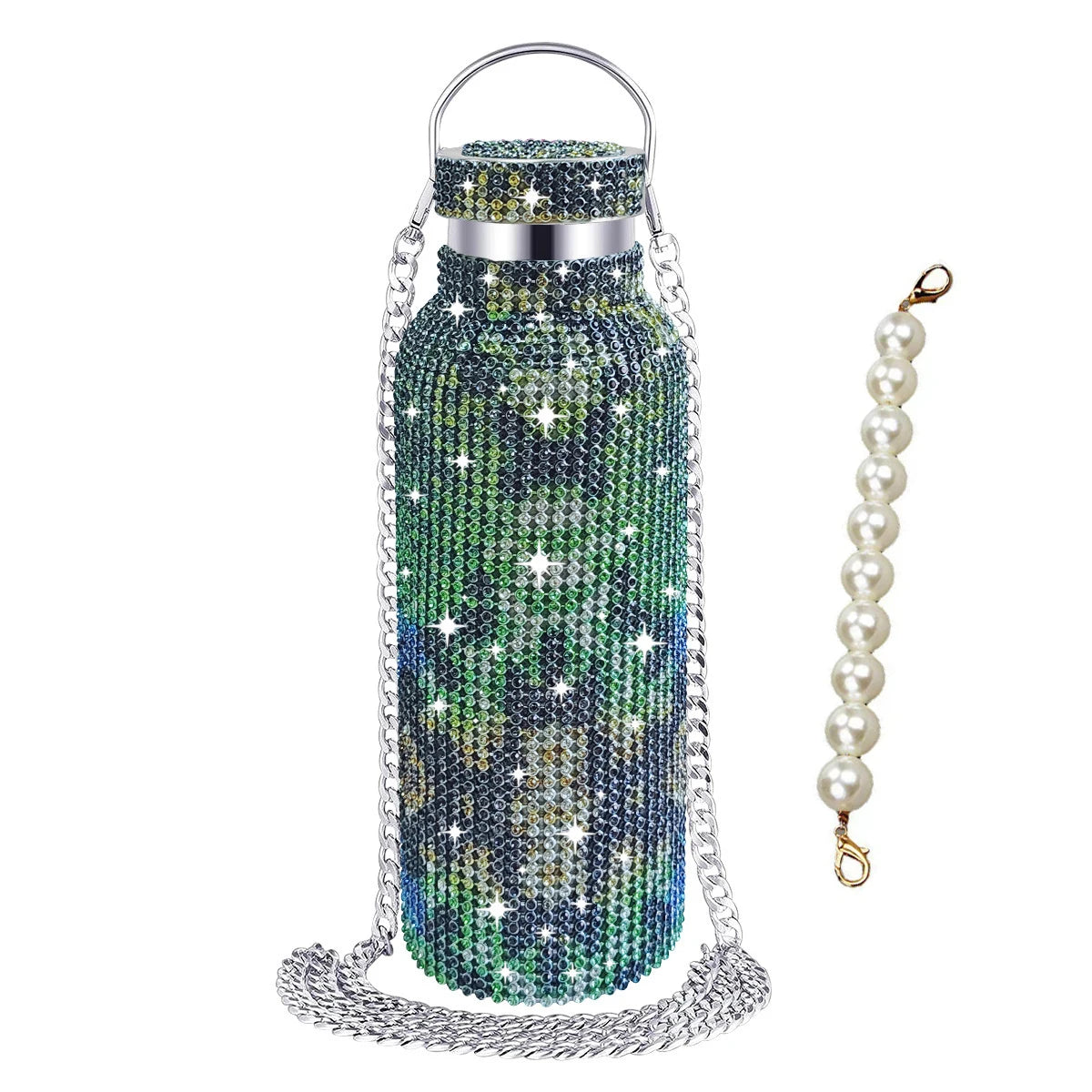 500/750/1000ml Diamond Thermos Bottle With 2pcs Chain Portable Rhinestone Water Bottle Double Wall Stainless Steel Thermal Flask