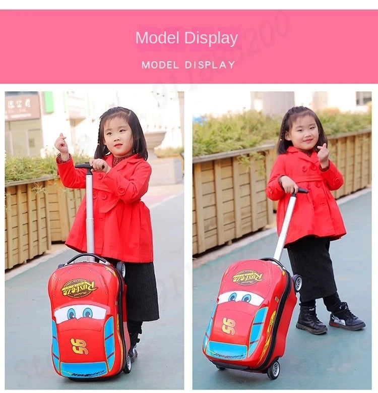 Cartoon Kids Suitcase Boys Can Ride 18" Trolley Box Car Elementary School Backpack with wheels 13" Travel Luggage Boarding Box