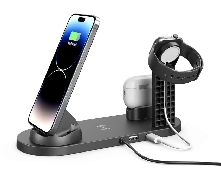 All In 1 Wireless Charger Stand For iPhone 15 14 13 12 11 X Apple Watch Airpods Desk Phone Chargers Fast Charging Dock Station