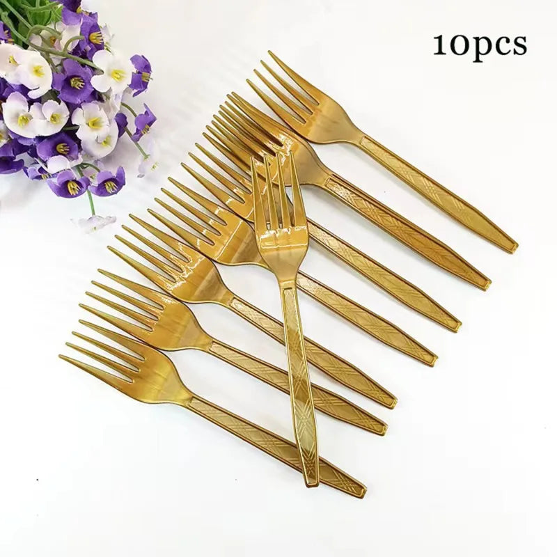 10pcs/Set green golden Pink Disposable Tableware Plastic Knife Fork Spoon Birthday Decor Kids Adults Wedding Party Supplies