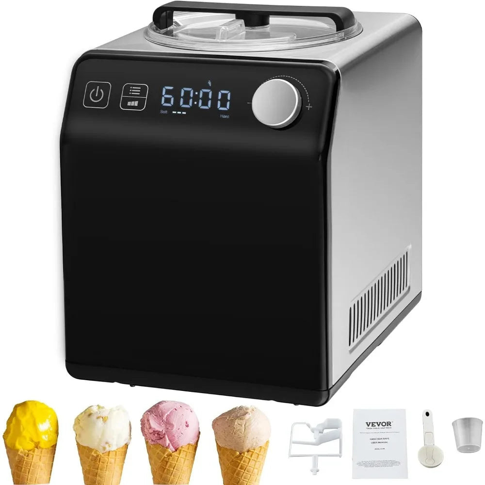 Automatic Ice Cream Maker with Built-in Compressor, 2 Quart No Pre-freezing Fruit Yogurt Machine,3 Modes with LCD Display &Timer