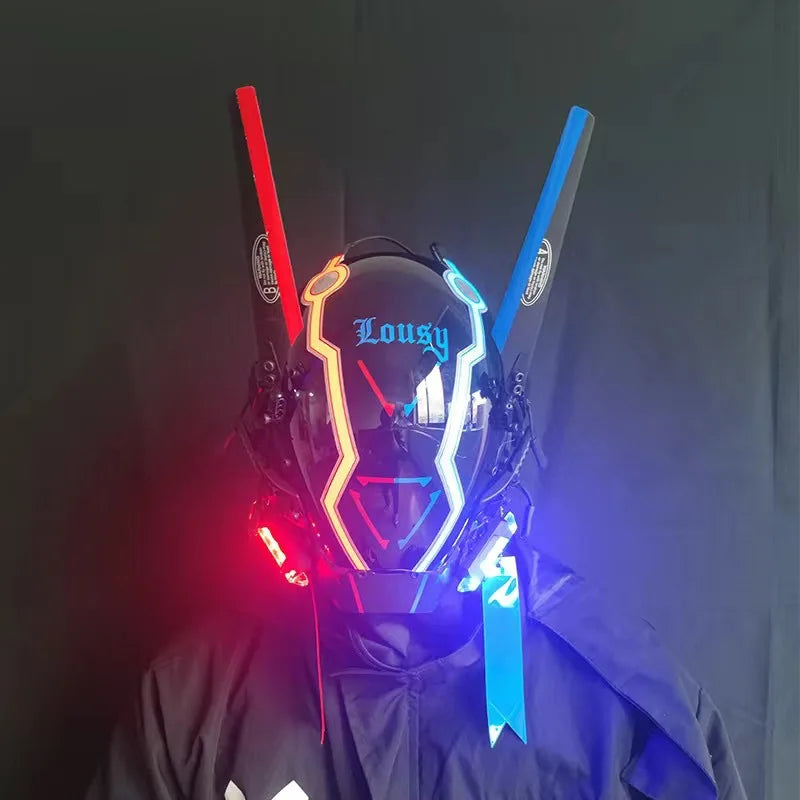 Cyberpunk Mask Round Light Wing Braid Triangle Light Festival LED Light Techno Sense Boy Helmet Cosplay Mask  Mascaras