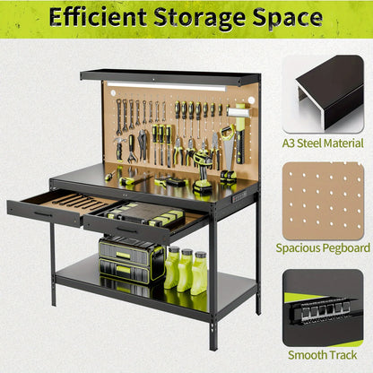 Heavy-Duty Steel Workbench with Wood Top, Sturdy Construction, Spacious Storage, Built-in LED Lighting