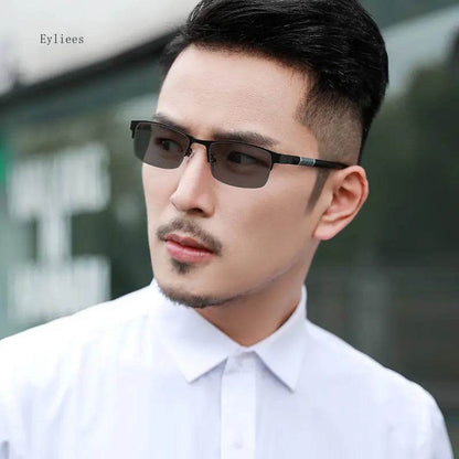 Men's Vintage Business Photochromic Myopia Glasses Half Frame Metal Blue Light Blocking Eyewear Classic UV Shades Sunglasses - MarvelouStoree