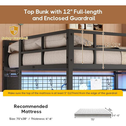 Full Size Double Bed with Desk and Charging Station with Led Light and Storage Rack, Safety Guard and Ladder