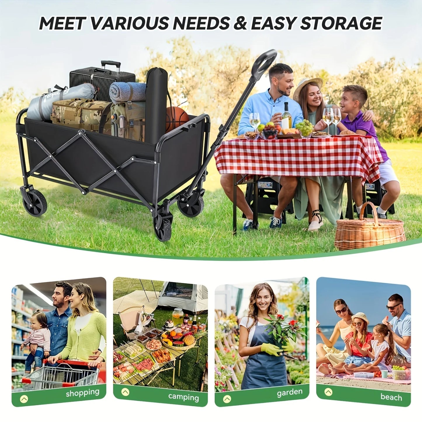 Foldable Utility Wagons Heavy Duty Folding Grocery Cart on Wheels, 200 lbs Capacity with Side Pockets for Garden, Shopping