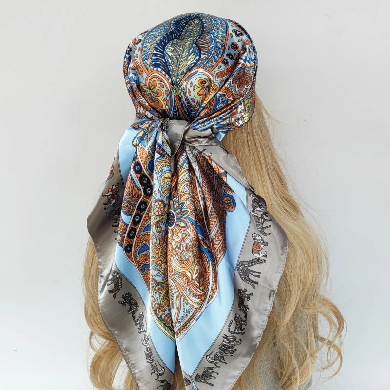 new 90*90cm fashion Silk Scarf Scarftop Headwraps Women Vintage Four Seasons Hair Scarve Hijab Foulard Bandana Femme Headscarf