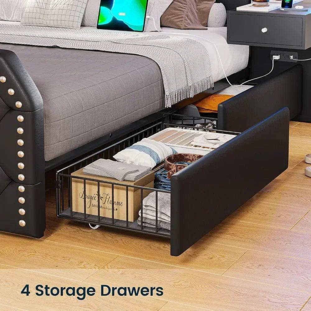 Queen Size 53” Tall Platform Bed Frame With 4 Storage Drawers Built in Charging Station & LED Bedroom Black Headboards Under Bed - MarvelouStoree