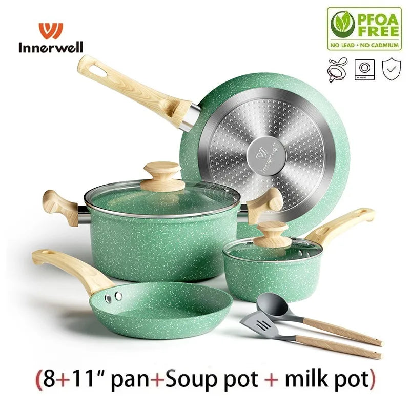 Innerwell 8Pcs Kitchen Frying Pan Stockpot Milk Pot Sets with Glass Lid Nonstick Toxin Free Stone Cookware Compatible All Stoves