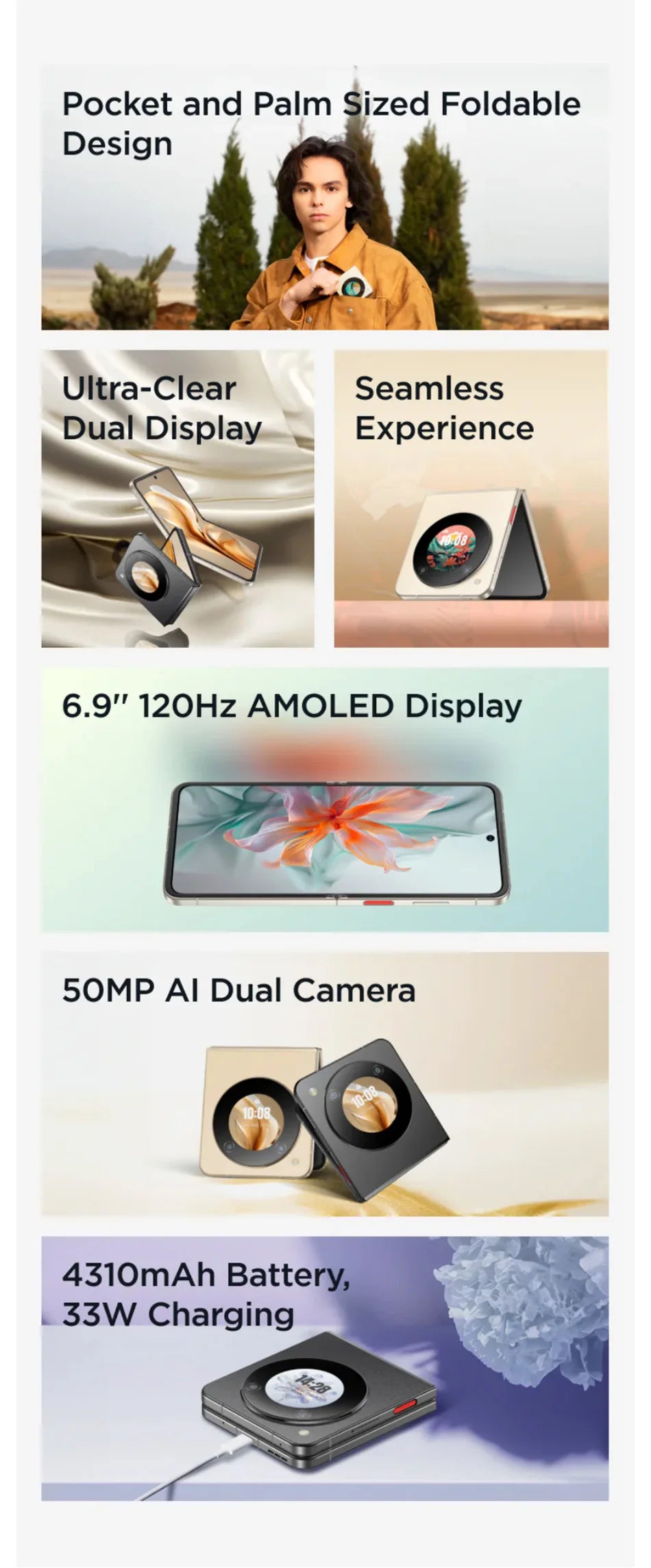 Nubia Flip 5G Global Version Foldable Design Smartphone Android 6.9" 120Hz OLED Folded Screen 50MP AI Dual Camera 33W Charging